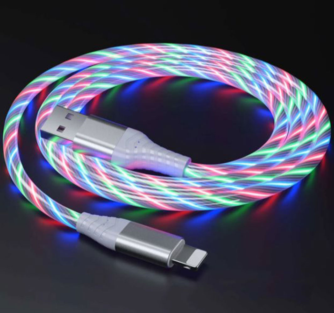 2.4A RGB LED Light Durable USB Cable for IPHONE IOS Lightning 3FT (Silver)